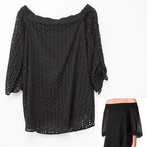 Tibi Blouse Eyelet Lace Off The Shoulder Top Cotton Rayon Shirt Black Size 6